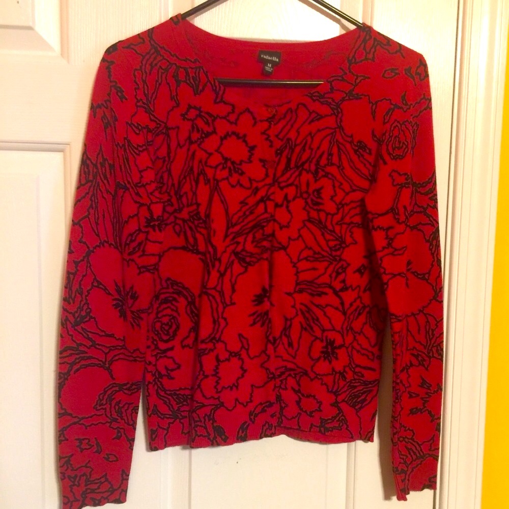 Rafaella Red Cardigan w Blk Etched Floral Print